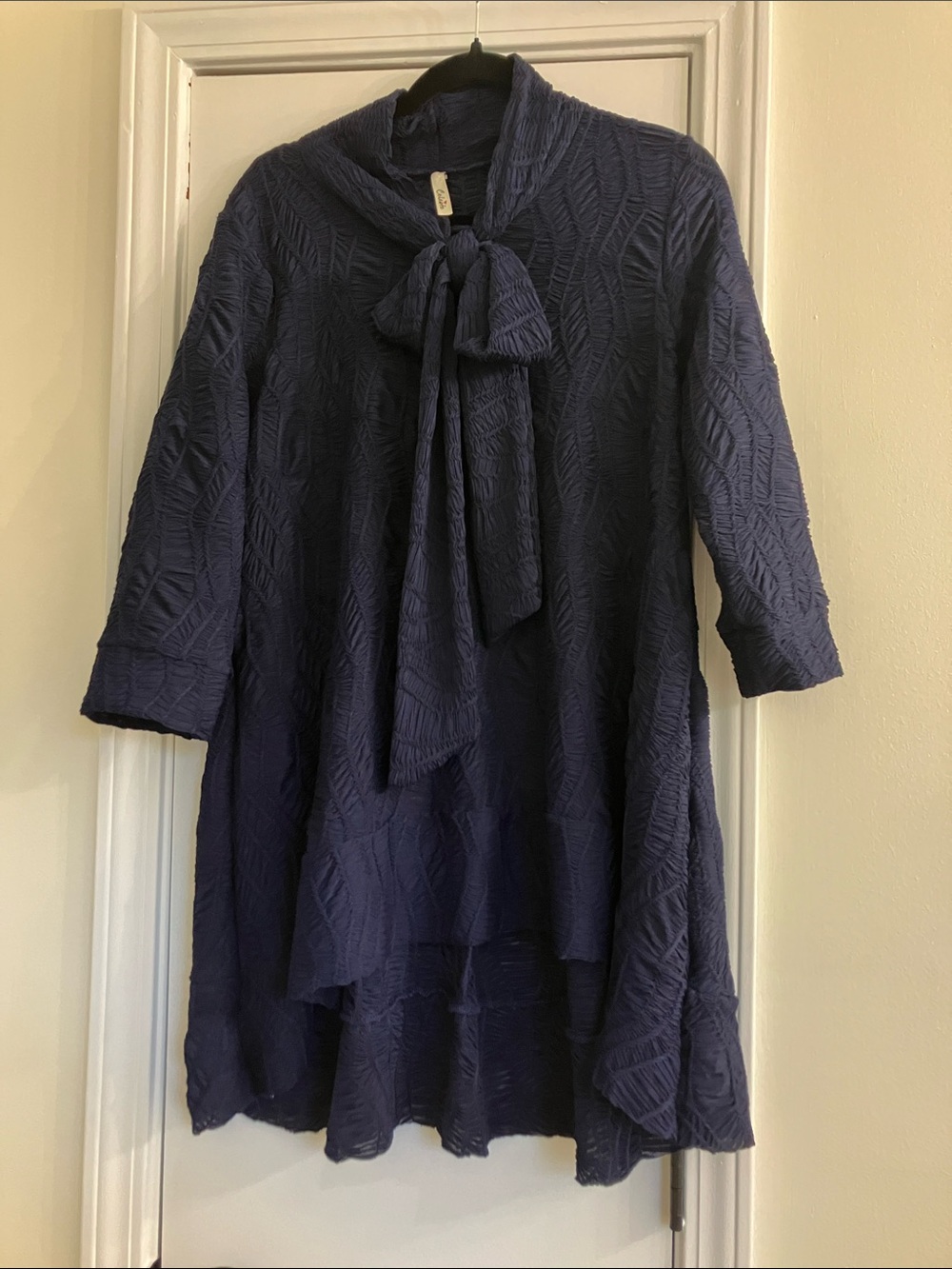Navy Textured Tie-Neck Women's Dress